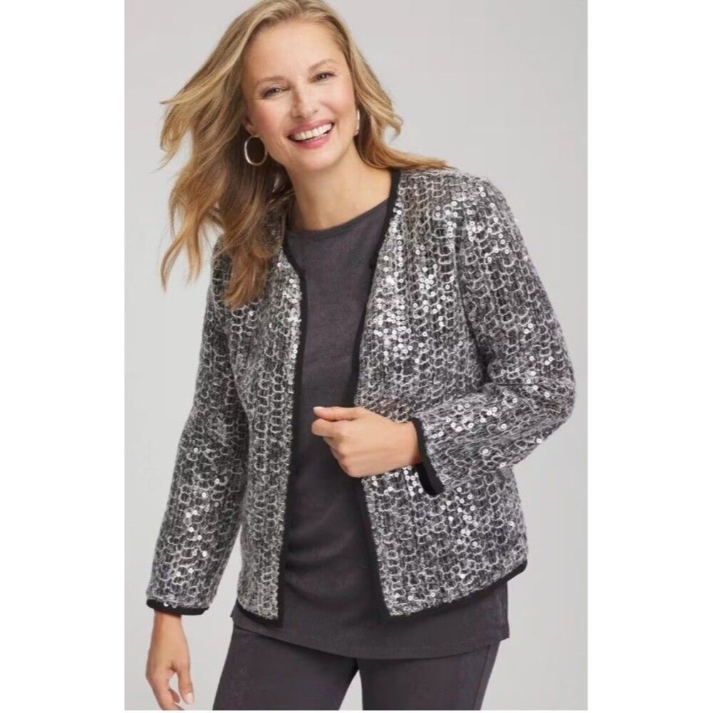 Chico’s Travelers Sequin Netted Jacket NWT Sz 3 X-Large Black Mesh Evening Blaze